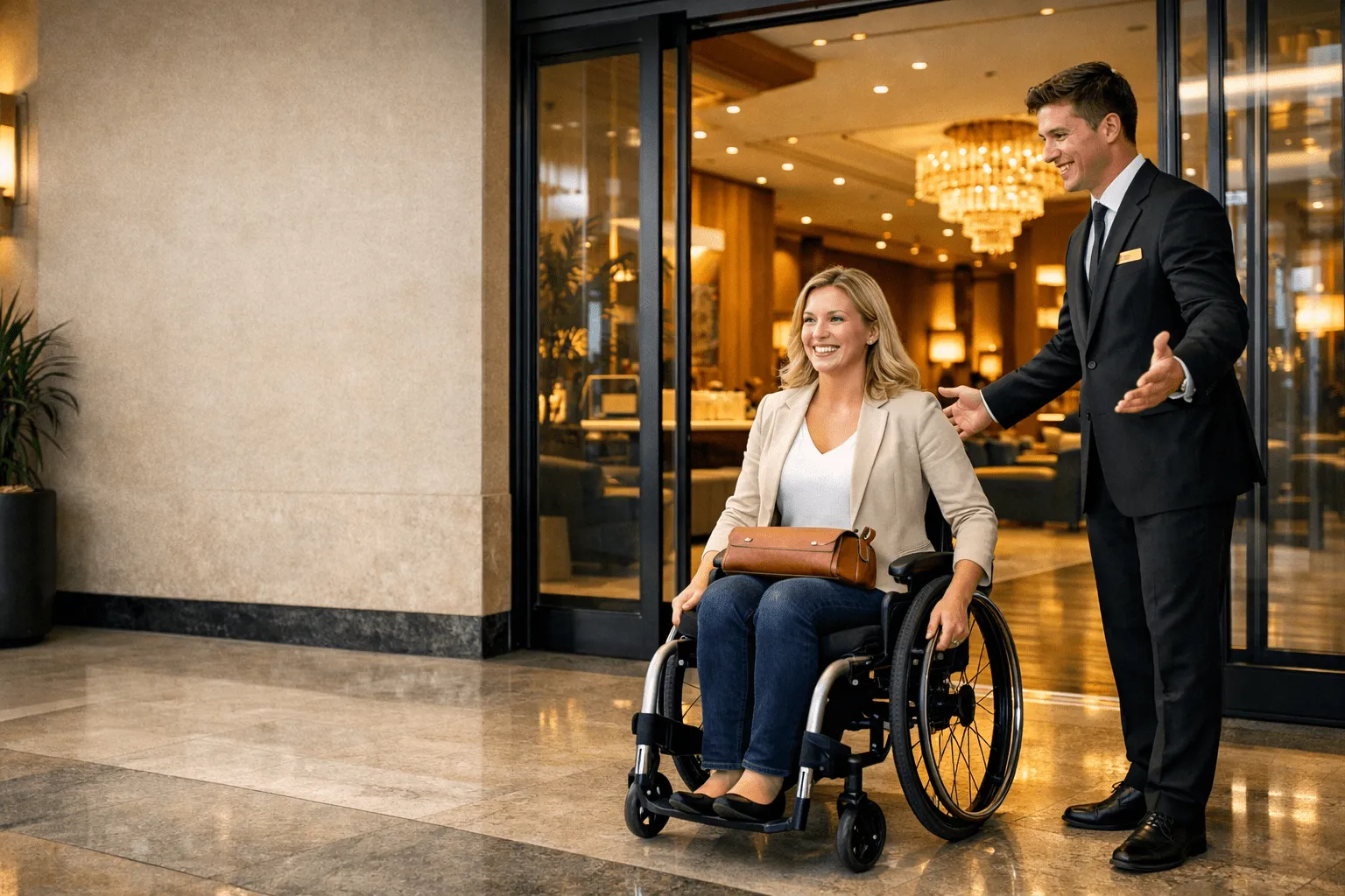 Een lachende vrouw in een rolstoel wordt door een gastheer in pak welkom geheten bij de ingang van een luxe hotellobby.