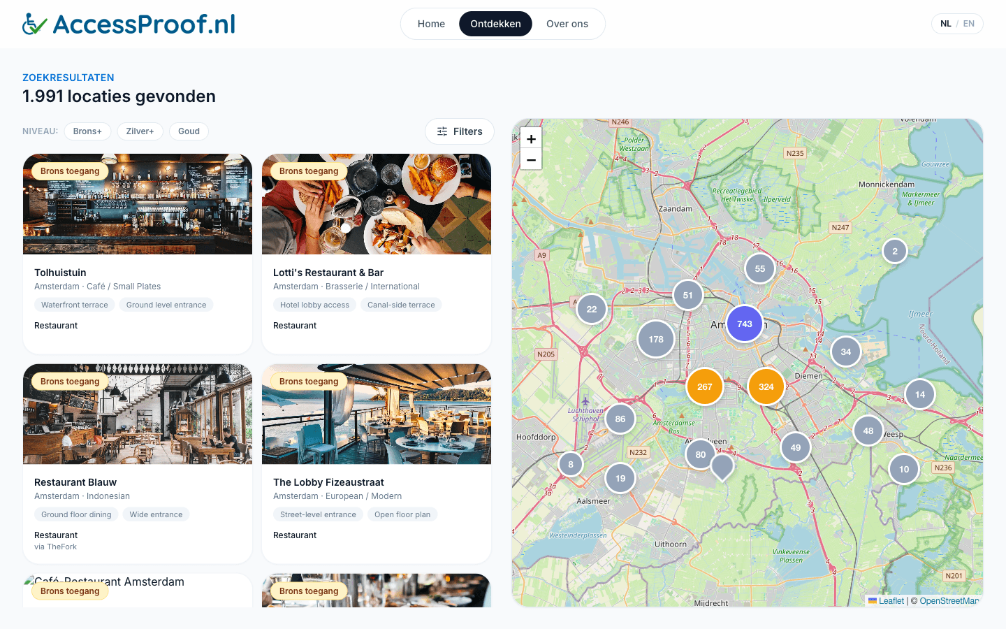 Het AccessProof-platform op desktop: een overzicht van gecontroleerde toegankelijke locaties.
